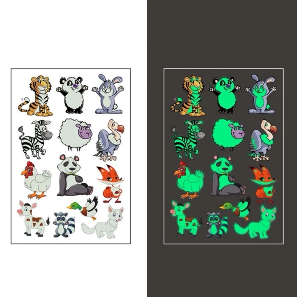 🐇 Adorable Glow In The Dark Cartoon Animals Sheet Of Temporary Tattoos 🐅